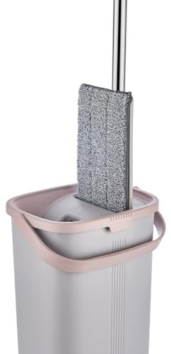 STL 23x18x38.5cm Flat Mop and Bucket Set for Floor Cleaning,Hands Free Flat Floor Mop&Bucket Sets with Wringer,Lightweight Cleaning System with 360 Rotating Head,Wet&Dry Squeeze Floor Mop(Grey/Pink)