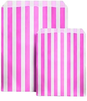 ezkart | 5x7 | Pack of 100 Assorted coloured striped paper bags Ideal for multiple occasions. Quality paper sweet bags (Pink, 5x7-200 Bags)
