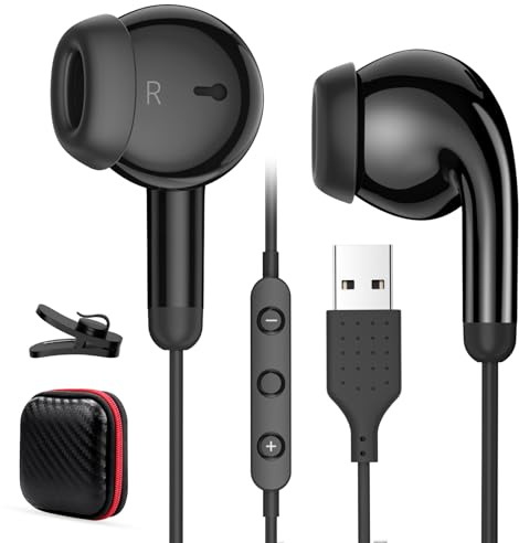 AIAUXAI PC In Ear Kopfhörer, Mikrofon und In-line Steuerung, 2,3M Weiß | USB-Anschluss, Geräuschunterdrückung, Ohrhörer mit Kabel für PS5/4, PC Laptop, für Chromebook, Gaming, Live-Streaming, Büro