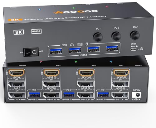 8K@60Hz HDMI2.1 Displayport KVM Switch 3 Monitors 3 Computers 4K@144Hz Triple Monitor KVM Switches with USB 3.0 Port,Wired Remote,Power Adapter and USB3.0 Cables(16cm 3 PC 3 Monitor 8K KVM)