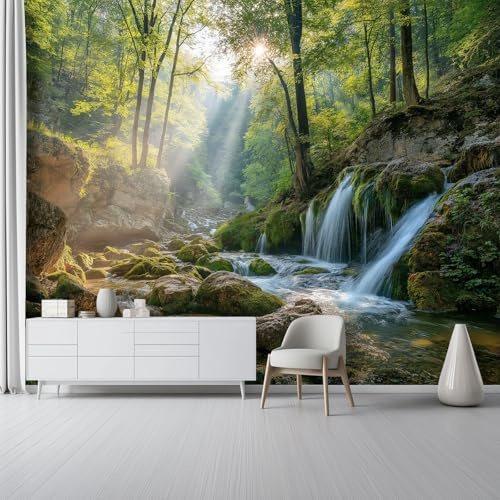 Fototapete Wald Felsen Wasserfall Motivtapeten - 300 x 210 cm Vliestapete für Schlafzimmer Wohnzimmer TV Hintergrund Büro Wanddeko, Natur Wandtapete Mural Dekoration