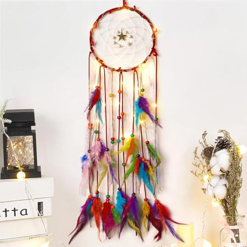 Dremisland Bunte Federn Traumfänger Handgefertigt Gewebte Dreamcatcher Boho Dekoration Dream Catcher mit Licht Dreamcatcher Macramé Böhmen für Wandbehang Wohnkultur Kinder Geschenk Geburtstags
