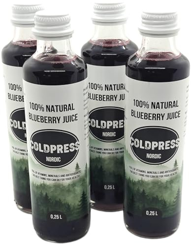 ColdPress Nordic Wild Blueberry Juice – 100% Pure Wild-Crafted Estonian Bilberries – No Added Sugar or Water – High Antioxidants – Glass Bottle ((4x 250ml) 1L)