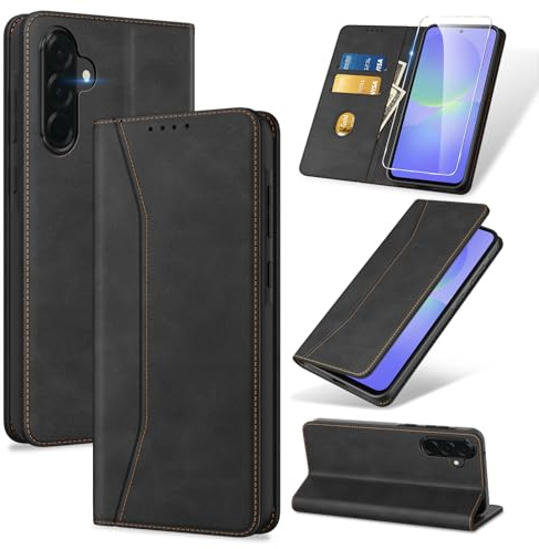 Phoona Coque pour Samsung Galaxy A36 5G avec 1 Verre Trempé, Housse Premium en Cuir PU Portefeuille [RFID Blocage][Antichoc][Magnétique][Porte Cartes][Stand Fonction] Etui Flip Case Noir