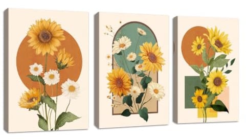 3 Pcs Boho Orange Gelbe Sonnenblumen Leinwand Bilder Mit Rahmen, Natur Botanische Blumen Bild Auf Leinwandbild Schlafzimmer Gelbgrünes Blumenblatt Wandbilder Wanddeko für Wohnzimmer Büro 30X40cmX3