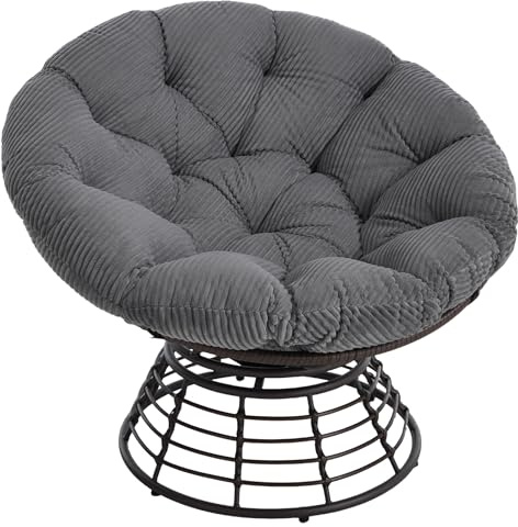 SEEDWAVE Drehbarer Papasan-Stuhl mit Stahlgestell, Relaxsessel mit weichem, abnehmbarem Kissen und Schutzpolster, bequemer Loungesessel für Wohnzimmer, Schlafzimmer und Balkon (Grau Cord)