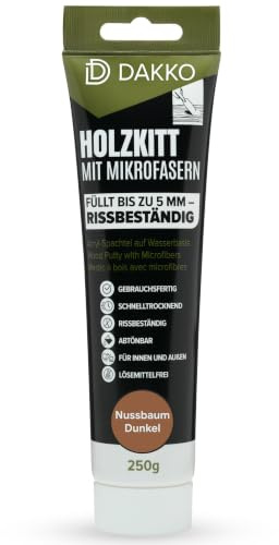 DAKKO Stucco per Legno Riempitivo 250 g, Noce scuro - Stucco in Pasta con Microfibre di Bambù, Pronto all’Uso per Mobili, Porte, Fori e Crepe, Interni ed Esterni, Resistente alle Crepe
