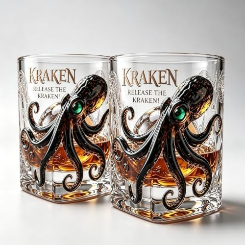 Kraken Rum Glass,Octopus Sea Monster Whiskey Tumbler with,Nautical Pirate Bar Decor Rocks Glass for Bourbon Scotch Cocktail, Gift for Men Dad Husband（2PS）