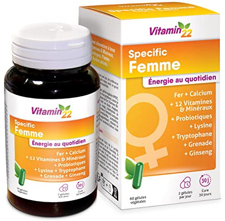 VITAMIN' 22 - Specific Femme - Énergie, tonus physique & mental - Vitalité - 8 vitamines, 6 minéraux, ferments lactiques - Ginseng, Fer, Calcium - Réduit la fatigue & Régule le sommeil - 60 gélules