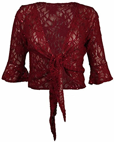New Womens Floral Lace 3/4 Three Quarter Short Sleeve Ladies Front Tie Up Sequin Shrug Bolero Stretch Cropped Top Cardigan Plus Size Red Size 12-14