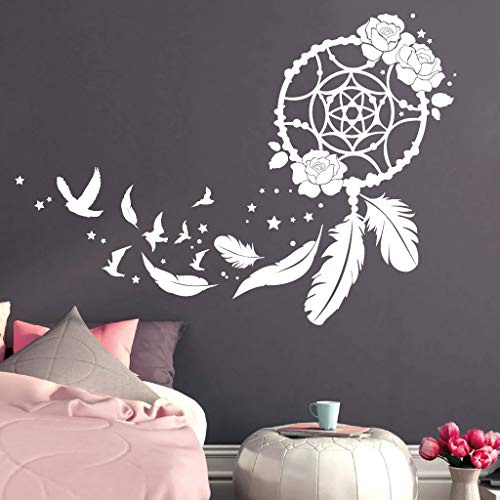 Wandtattoo Traumfänger mit Rosen, Vögeln und Federn/weiß / 115 cm hoch x 163 cm breit
