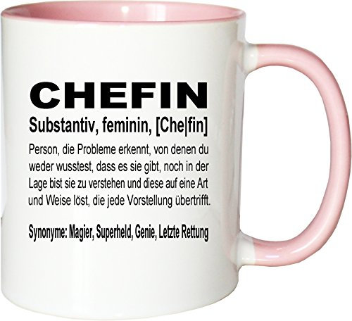 Mister Merchandise Becher Tasse Chefin Definition Kaffee Kaffeetasse liebevoll Bedruckt Geschenk Gag Job Beruf Arbeit Witzig Spruch Weiß-Rosa