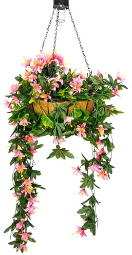 Primrose Duranta Artificial Hanging Baskets with Solar Light - 4 Colours (Pink, One)