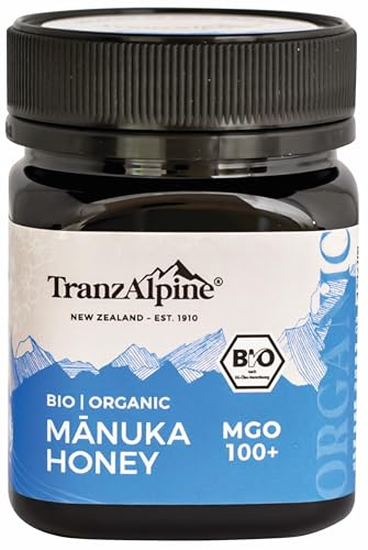 TranzAlpine Manuka Honig BIO-zertifiziert 250g - MGO 100+ | 100% reiner Manukahonig aus Neuseeland mit laborgeprüftem MGO-Gehalt, Original-Imkerabfüllung