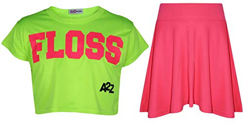 A2Z 4 Kids Girls Crop Top and Skater Skirt Set - Floss Crop & Skirt Neon Green._ 11-12