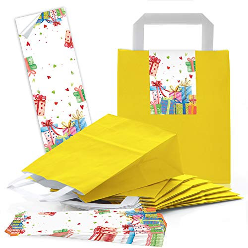 Logbuch-Verlag 10 gelbe Geschenktüten 18 x 8 x 22 cm + bunte Geschenkaufkleber Geschenkverpackung Mitgebsel Partytüte Kindergeburtstag Geburtstag Ostern Osternest