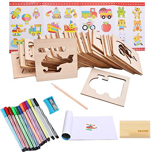 Liuer Schablonen Set,60PCS Journal Zubehör Schablonen aus Hölzern Zeichenschablonen Kinder für Bullet Journal Scrapbooking Fotoalbum Gästebuch DIY Geschenkkarten für Jungen und Mädchen Kinder
