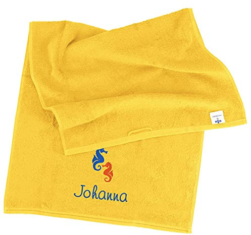 Herz & Heim® Seepferdchen Badetuch mit Name Bestickt, 3 Farben zur Auswahl, 140 x 70 cm Löwenzahn