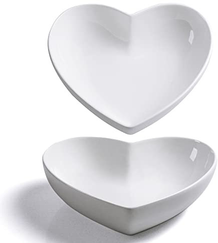 Keponbee 2pcs Porcelain Heart Shaped Bowl Large Dessert Bowls Heart Plates Set Deep Premium White Salad Bowl Fruit Bowl for Serving, 20cm