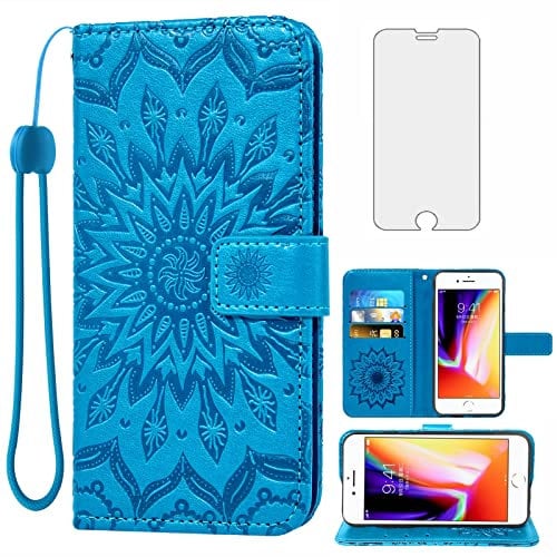 Phone Case for iPhone 7/8/SE 2020/2022 Wallet with Tempered Glass Screen Protector Leather Flip Cover Card Holder Stand iPhone7 iPhone8 SE2020 SE2022 2/2nd/3/3rd Generation SE2 SE3 Women Men Blue