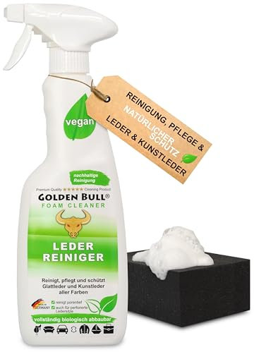 Golden Bull® Lederreiniger & Lederpflege Auto Sofa 500ml + Schwamm [STARK UND VEGAN] Leder Kunstleder Reiniger Schaum Spray mit Kokosöl für Reinigung & Pflege von Ledersitz, Autositz & Ledercouch