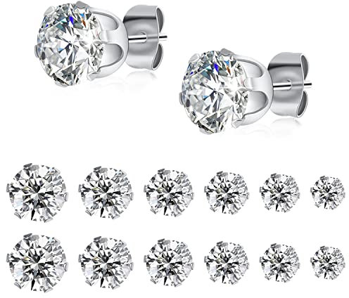 6 Pair Stainless Steel Cubic Zirconia Stud Earrings Set - Silver Diamond Style for Women and Men