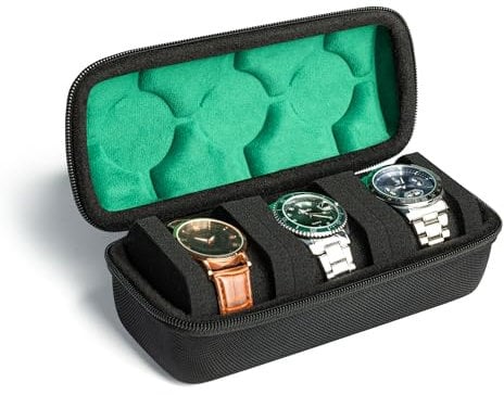 AUKURA Custodia rigida da viaggio per orologi, con 3 scomparti, per uomini e donne, con cuscino anti-movimento (3 slot nero con fodera verde)