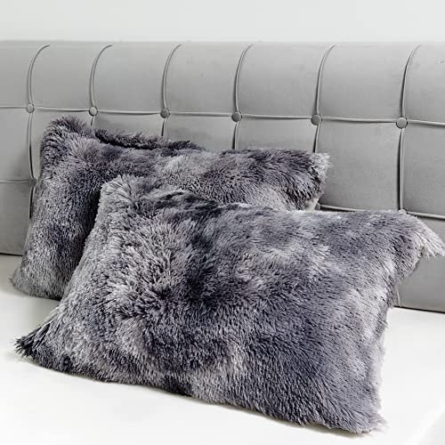Michorinee 2er Set Flauschige Zierkissenbezüge 40 x 80 cm Tie Dye Gedruckt Grau Dekokissen Langhaar Kunstfell Zierkissen Dekorativ SofaKissenbezug Fellimitat Kissen Kissenbezug