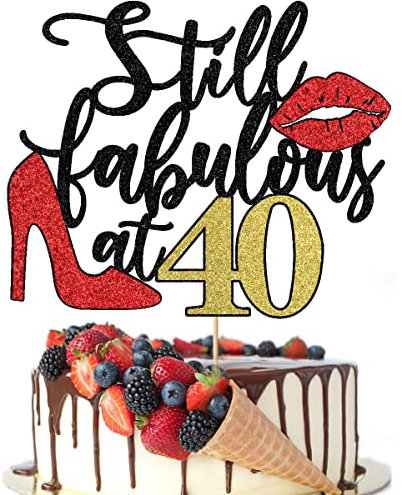 Crseniny Still Fabulous at 40 Cake Topper,Happy 40th Birthday Cake Topper,Queen High heels Big Red lips Cake Topper,Women 40th Birthday Party Cake Decorations
