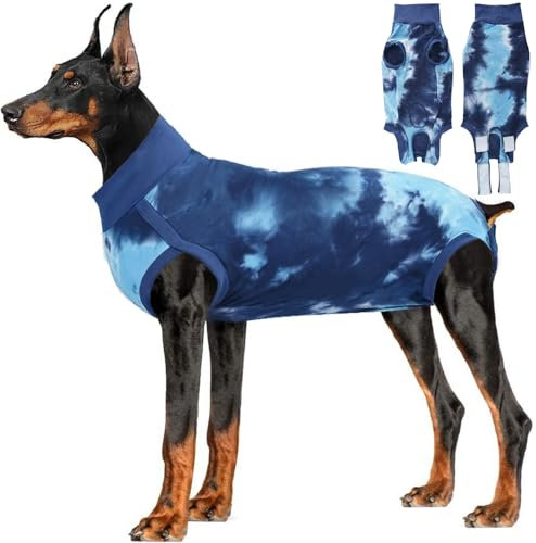 LIANZIMAU Hundebody Nach Op Kastration Rüde Body für Hunde Nach Op Hündin Einteiler Wundschutzanzüge Chirugenanzug Pet Shirts Tie-Dye Blau XL
