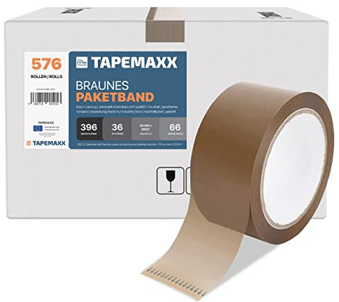 FYBR TAPEMAXX 576 Rollen Paketband Paketklebeband Klebeband Packband Braun Set Leicht Abrollend 48 mm x 66 m - Paket Päckchen Kiste Umzugskarton zukleben
