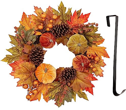 Briful Ghirlanda autunnale artificiale da 40,6 cm, con foglie di acero vellutate e seta di zucca, pigne naturali, per porta d'ingresso, con gancio in metallo, per parete, finestra, decorazione per