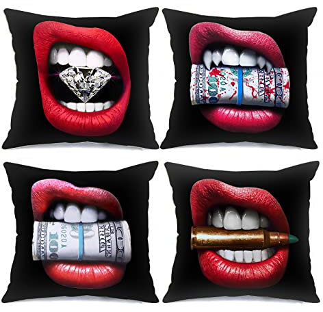 Tucocoo Red Lips Decorative Pillow Cases 4 Pcs Fashion Women Sexy Lips with Diamond Ball Dollar Money Throw Pillow Cases for Sofa Couch Car Bed Home Decor