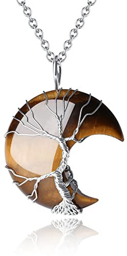 XIANNVXI Tigerauge Halskette Damen Silber Kette Kristalle Mondsichel Ketten Anhänger Kristall Kette Baum des Lebens Natürliche Energie Edelsteine Schmuck Frauen Geschenk
