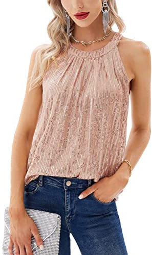ORANDESIGNE Canotte da Donna Gilet Tank Top con Paillettes Canottiere Canotta Scollo a V Sexy Maglietta Senza Maniche Cami Top a Bretelle Clubwear Camiciola Estate B Rosa S