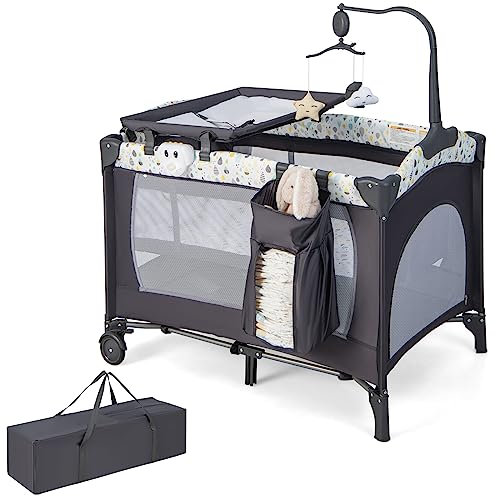 GOPLUS 4 in 1 Reisebett, Babybett mit Wickelauflage & Aufbewahrungstasche, Reisebett mit hängendem Spielzeug & Spieluhr, Laufstall mit Seitenwänden Seiteneingang Rollen, für 0-3 Jahre (Beige)
