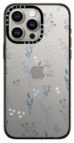 CASETiFY Kompakte Schutzhülle für iPhone 15 Pro Max [Falltest in Militärqualität, 1,2 m Fallschutz] – Kleine blaue Blumen – Transparentes Schwarz