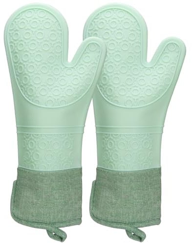 LELE LIFE Extra Long 39cm Professional Oven Mitts, Heat Resistant Silicone Oven Mitt with Soft Quilted Liner, Non-Slip Oven Hot Mittens Gloves for Kitchen,Green