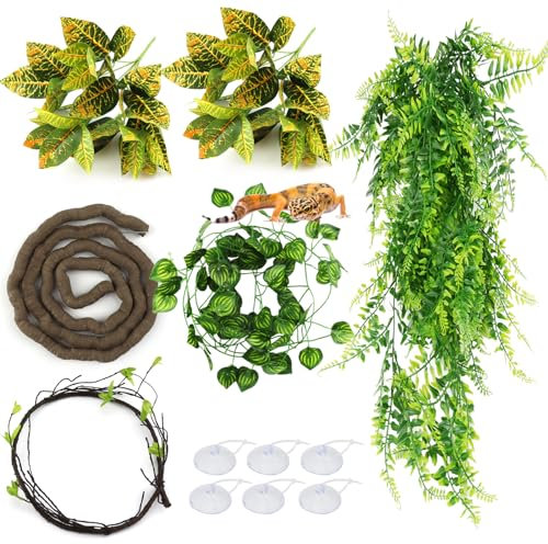 QUOZUO Reptile Vines Plants Flexible Bendable Jungle Climbing Plastic Terrarium Plant Leaves Habitat Decor, Bearded Dragon Tank Accessories for Lizard Snake Geckos Chameleon