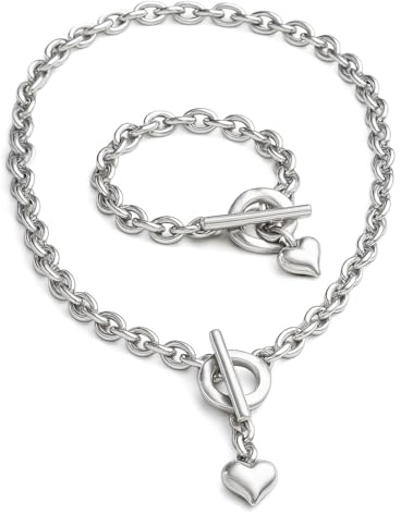 Beau Soleil Jewelry Glieder-Halskette und Armband mit Herz-Anhänger – Charmantes Chunky Schmuck-Set für Deinen Stil
