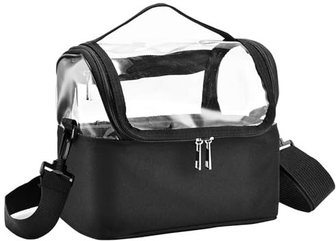 Joligrace Makeup Brushes Bag Cosmetic Tools Holder Case Beauty Box Hairdressing Tools Organiser Box with Strap and Removable Dividers, Clear