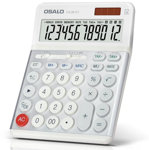OSALO Calculadora de escritorio con función de IVA, pantalla grande, botones grandes, 12 dígitos para el hogar y la oficina (OS-8812T)