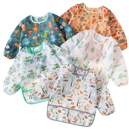 QinGuang 5pcs Long Sleeve Baby Bibs Painting Apron Slightly Waterproof Feeding Bibs for 6-36 Months