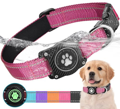 Ytanest Leuchtend Wasserdicht Airtag Hundehalsband, Verstellbar Reflektierend Air Tag Halter Halsband Reflektierend für Kleine Mittler Große Hund, Rot, M