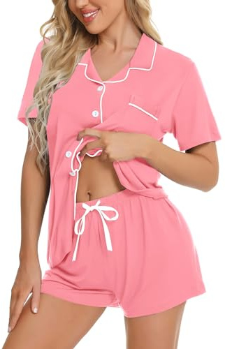 SWOMOG Women Pyjamas Set Short Sleeve Sleepwear Womens Button Down Nightwear PJ Set with Pockets Peach Pink