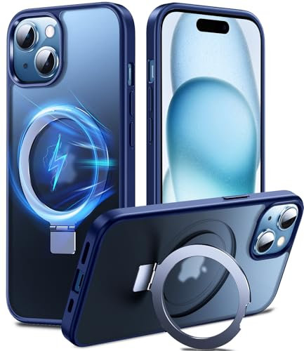 Chicfun 3-in-1 [Magnetic+KickStand+Ring Holder] for iPhone 15 Case Stand Ring Holder Compatible with MagSafe, Magnetic Military Shockproof Protective iPhone 15 Phone Case KickStand Matte Cover Blue