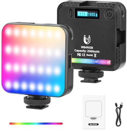 64W RGB Video Lights, Magnetic LED Camera Light 360° Full Color Portable Photography Lighting w 3 Cold Shoe, 20 Scene Modes/2000mAh/CRI 95+ 2500K-9000K, Portable Selfie Lighting Small Panel Lamp