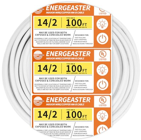 Energeaster Solid Indoor 14/2 W/G NMB Cable 100ft Coil,Electrical Wire 14 Gauge Wire 2 Conductors Non-Metallic with Ground Wire(White)