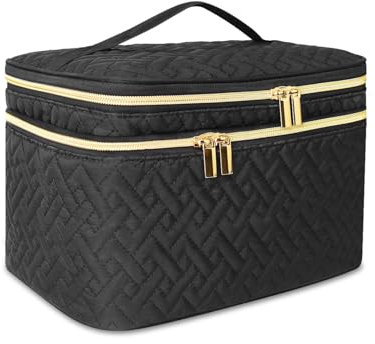 Kosmetiktasche für Damen, Tragbar und wasserdichte, Schminktasche, Große Kosmetiktasche Doppellagig mit Pinselfach, Make up Tasche für Reise, Schwarz