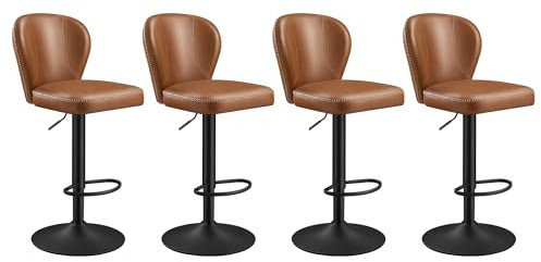 VASAGLE EKHO Kollektion - 360° drehbarer Barhocker, 4er Set, höhenverstellbarer Barstuhl mit Rückenlehne, Kunstleder, Nähte, Mid-Century-Modern-Stil, Küche, Hausbar, einfache Montage, karamellbraun